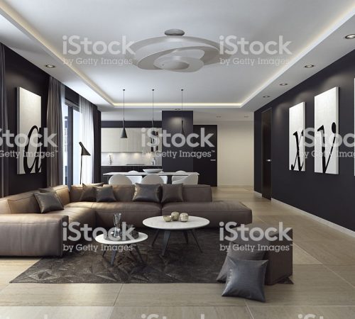 istockphoto-592681664-1024x1024 This is modern contemporyry dark black luxury style living room interior with dining and kitchen. Here are various shades and finishes that mix together beautifully. And silver is the hottest metallic tone in interior design. A plethora of colors and textures were layered to create a feeling of warmth and luxury style. Fabrics include sumptuous velvet for the sofa, silk cushions and curtain with Italian cashmere carpet. Modern luxury black style apartment with leather sofa.